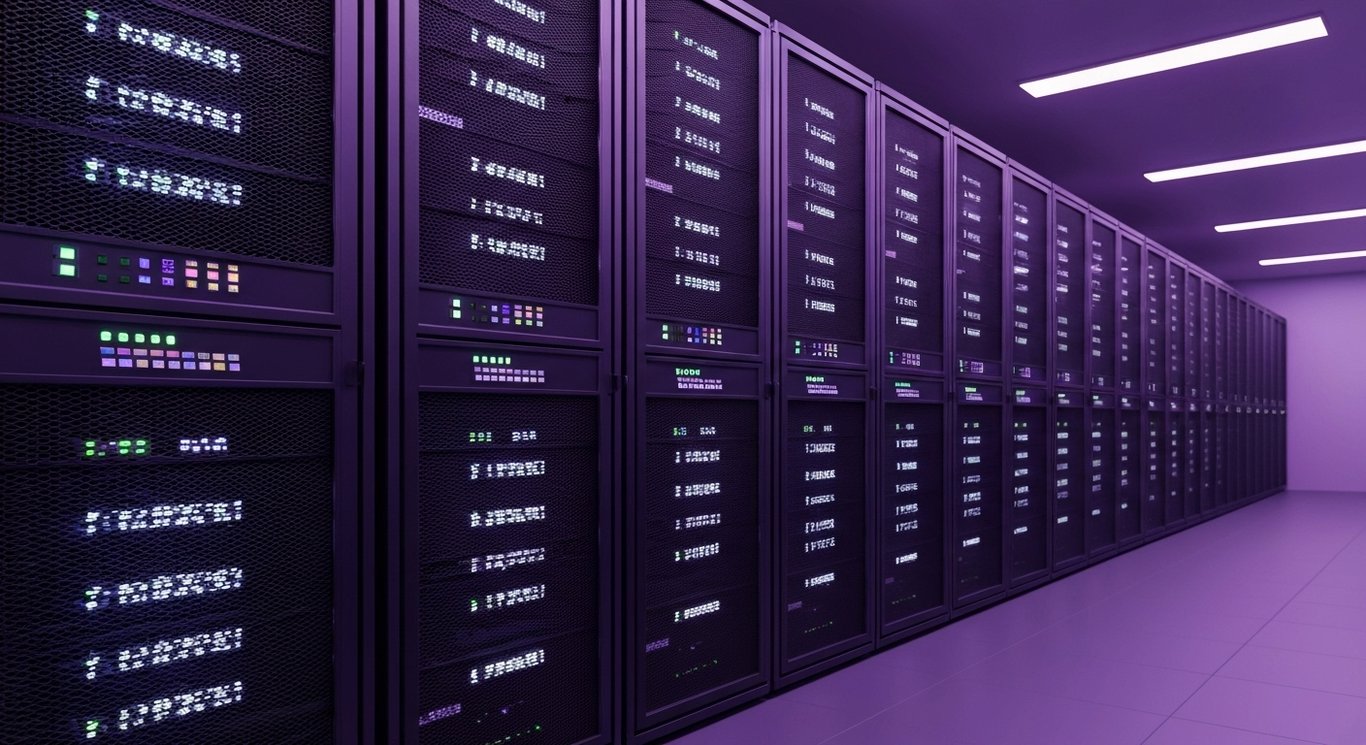 Rows of computer servers illuminated by purple ambient lights in a modern data center