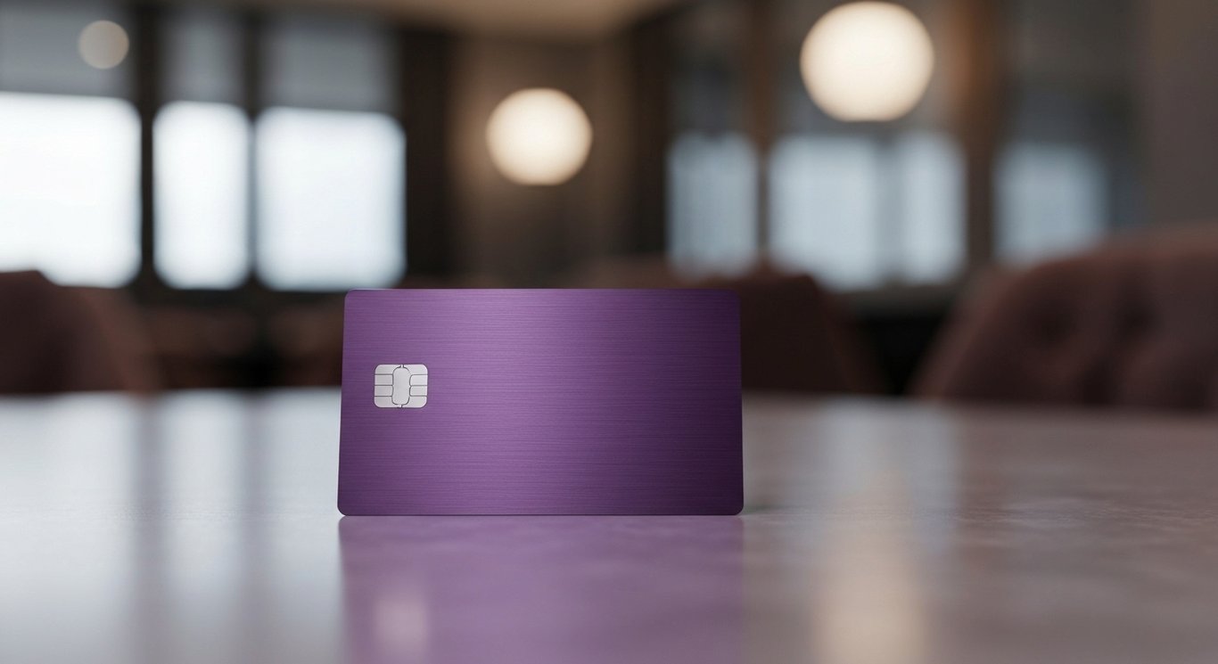 Premium credit card on reflective surface with blurred upscale lounge and soft purple tones