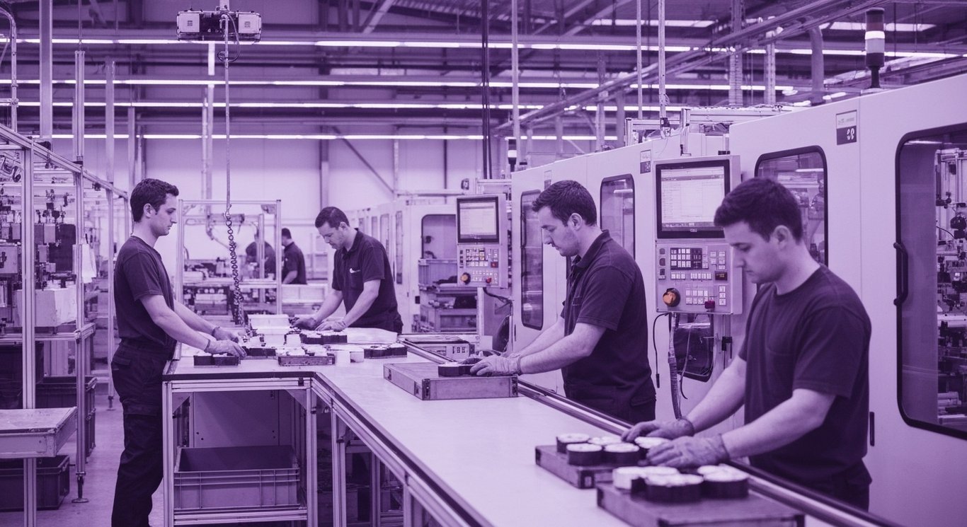 Modern assembly line with advanced machines in a sleek factory bathed in purple lighting