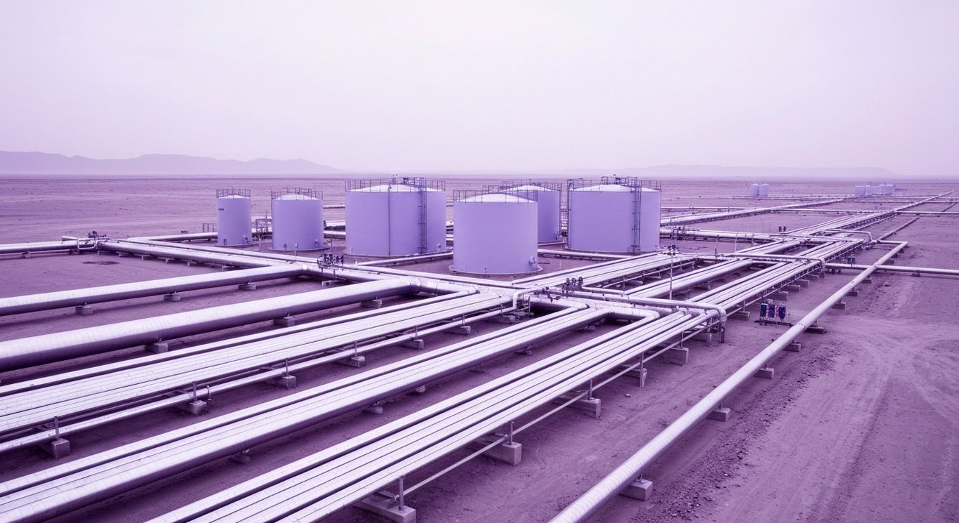 Pipeline infrastructure with storage tanks in a desert setting under a soft purple sky