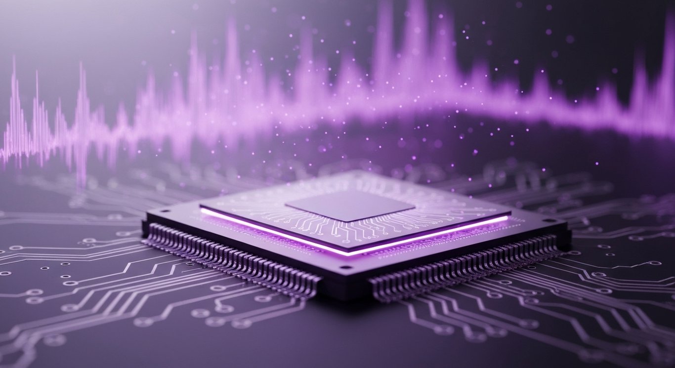 Advanced computer chip on circuit board with glowing digital lines and purple minimalist background