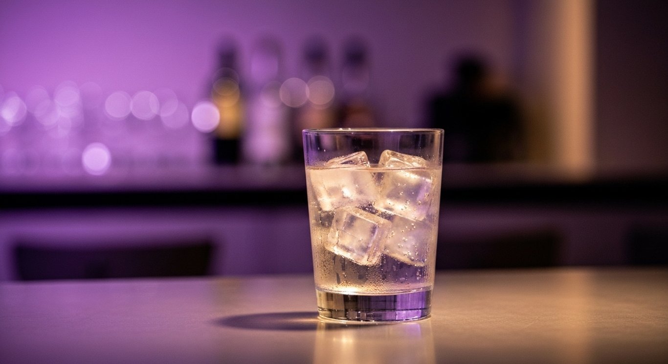 Glass of sparkling beverage with ice sits on a reflective surface in a modern bar with a purple background