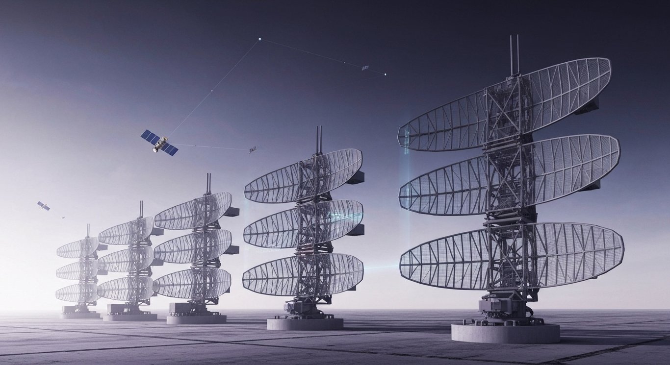 Modern missile defense radar with electronic modules under a purple-toned sky featuring distant satellites