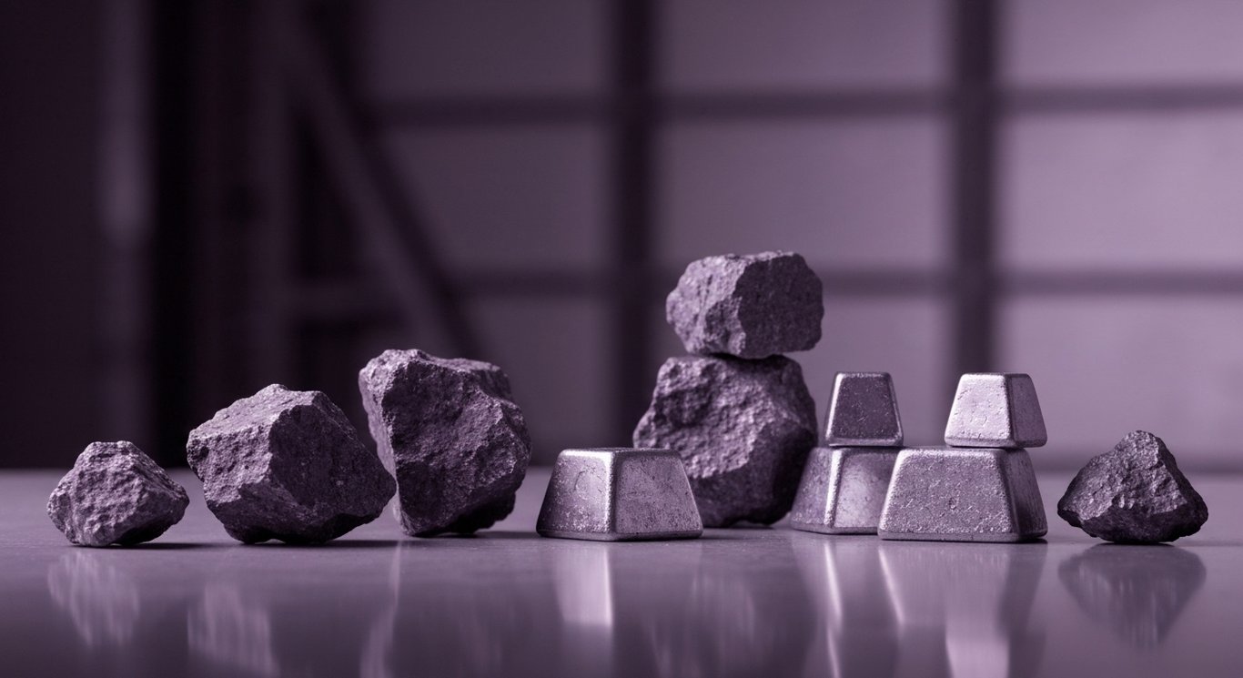 Iron ore and metal ingots arranged on a reflective surface with a subtle industrial purple background