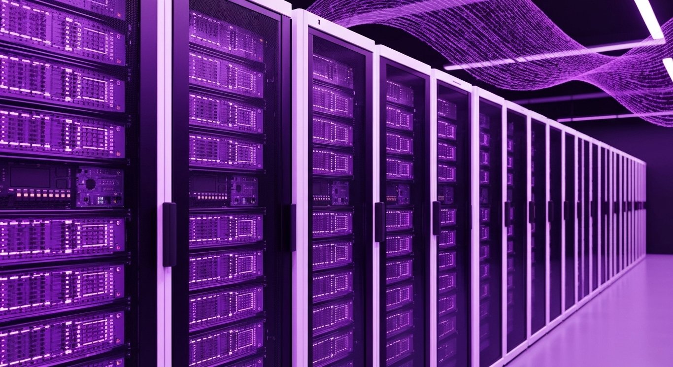 Modern data center racks with glowing servers and abstract purple waves in the background