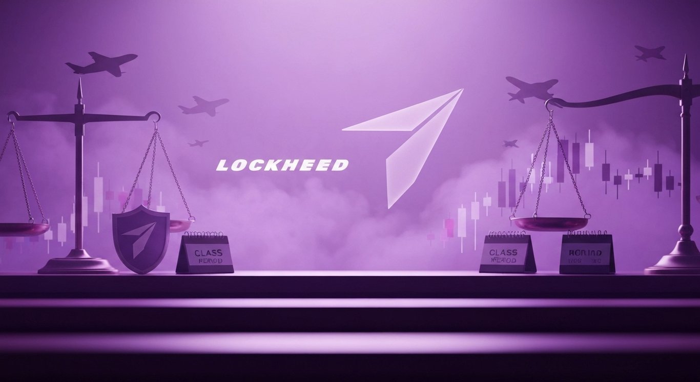 Lockheed Martin securities class action visuals with legal and financial indicators for investors, alleged misleading claims,