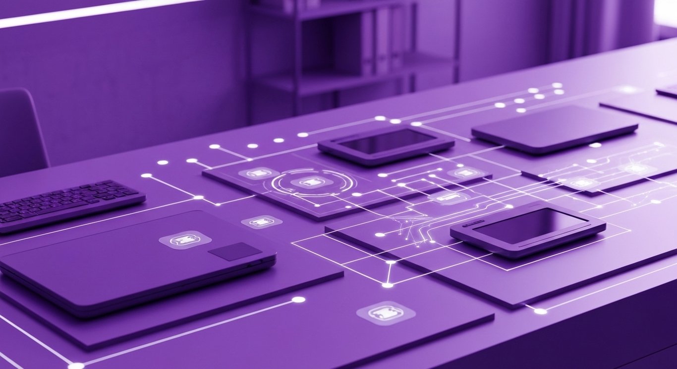 Financial technology devices on a desk with digital payment icons and soft purple accents