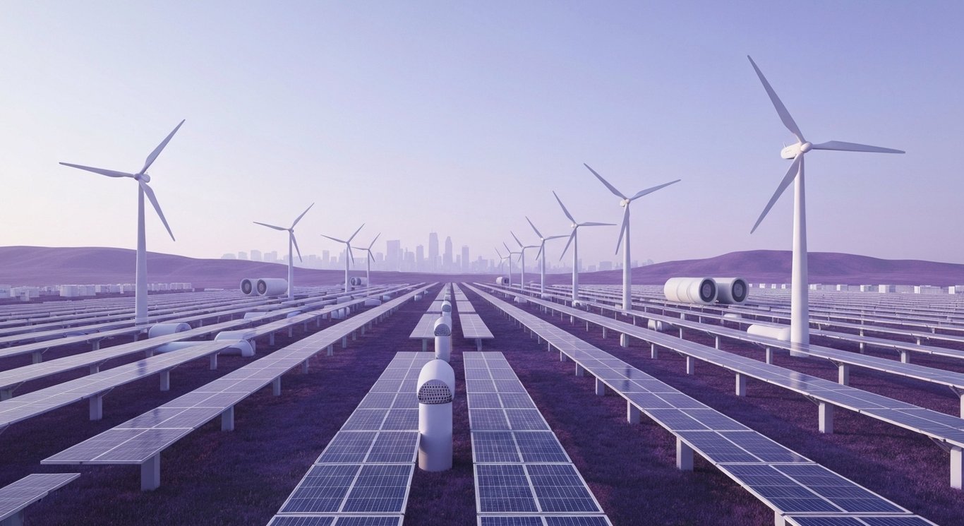 Solar panels and wind turbines on a landscape with energy storage units and a purple-hued background
