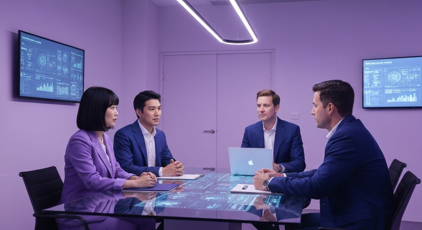 Business professionals converse in a modern office with digital screens and purple lighting