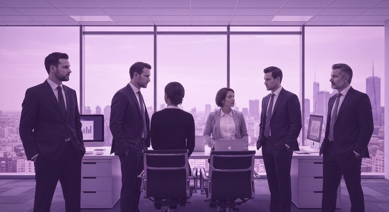 Business professionals converse in a modern office with a cityscape visible through large windows