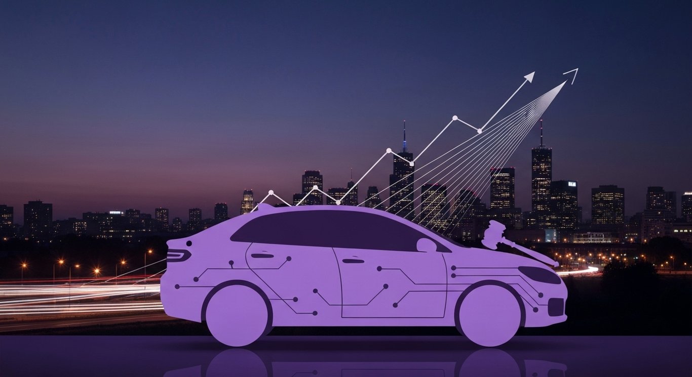 Electric car beside small gavel and faint upward line chart against a dusk city skyline with flowing traffic trails