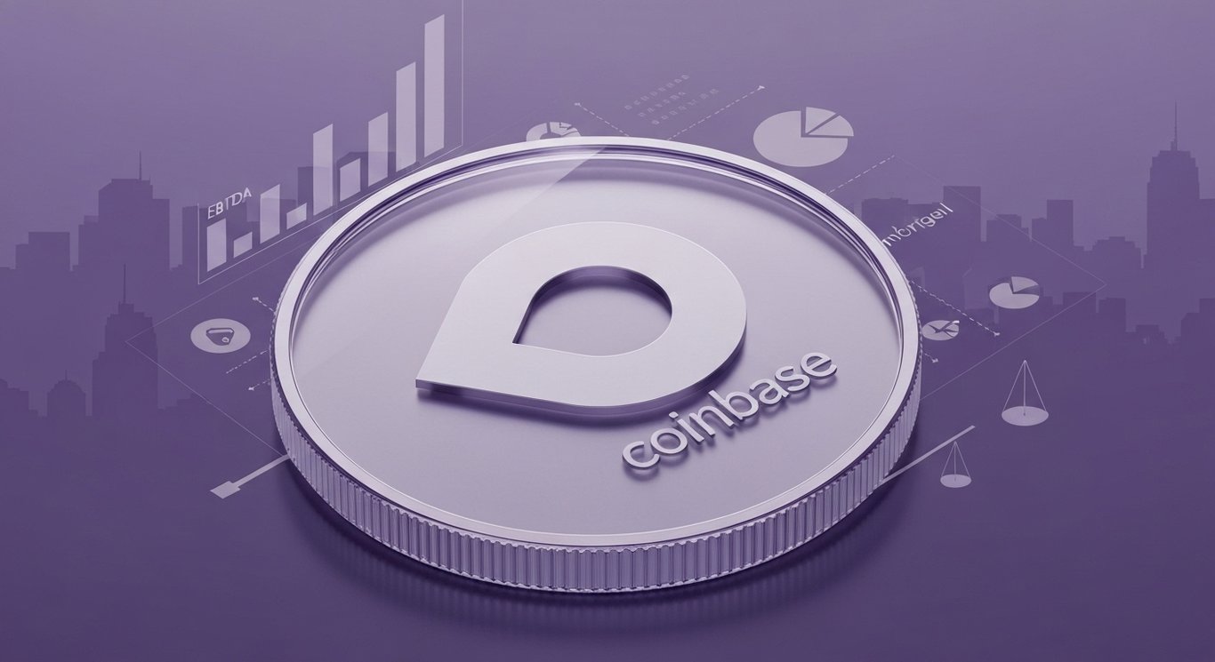 Logo in frosted glass with derivatives symbols, market share arcs, EBITDA bars, regulatory scales, city skyline in purple