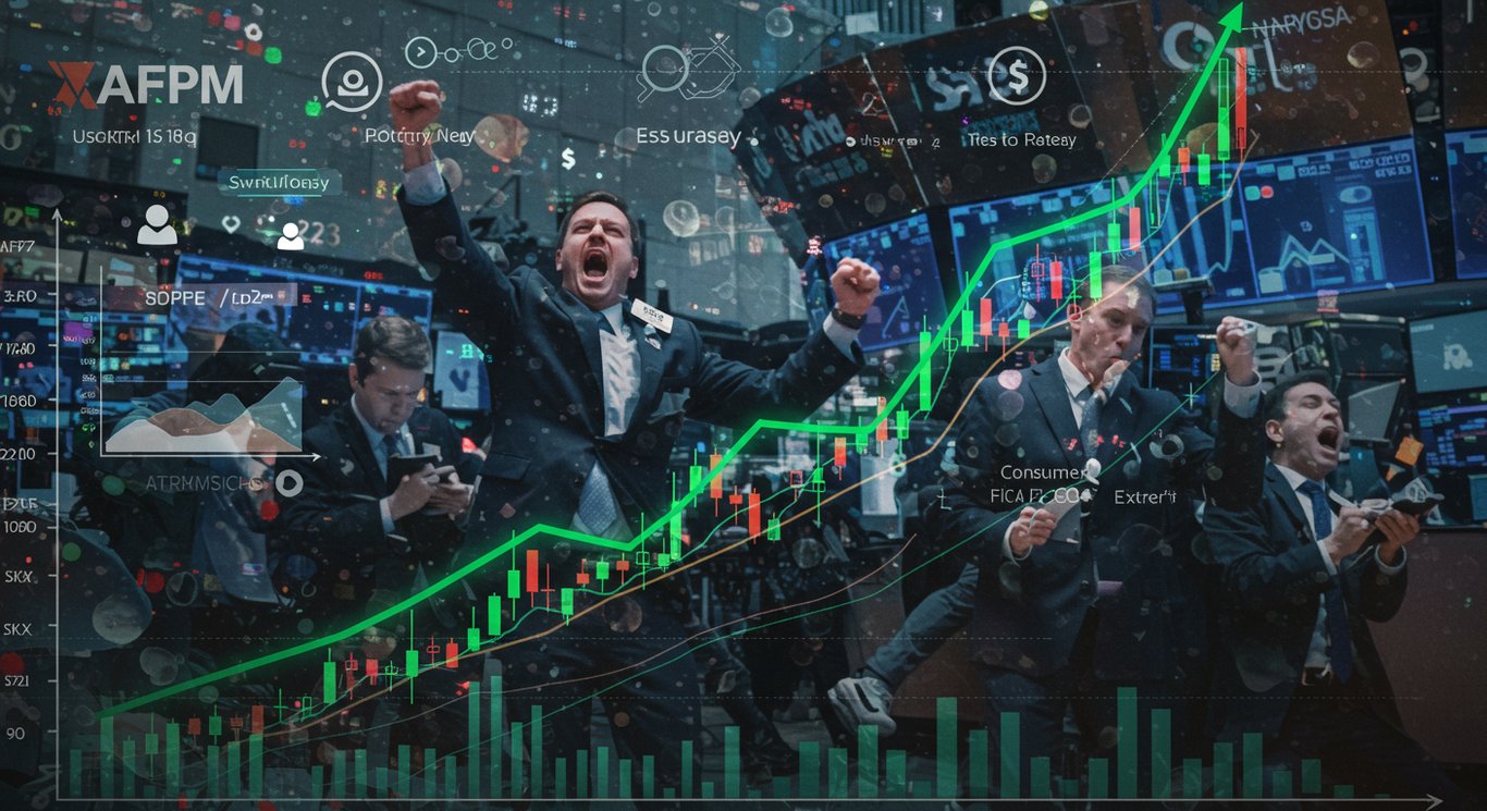 Stock market scene depicting mixed sentiment: rising indices and concerned traders.