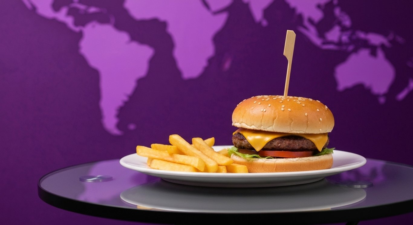 Classic burger and fries on a glass table with an abstract blurred purple background