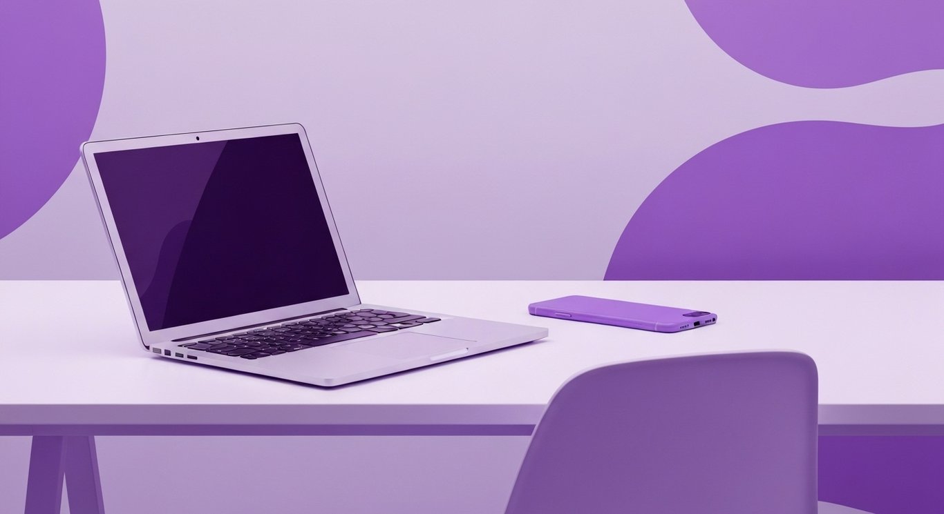 Digital marketing tools on a modern desk with abstract purple background elements