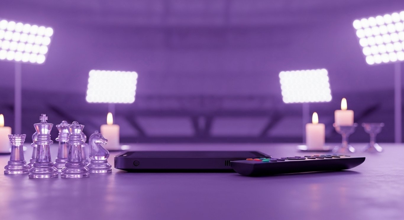 Glass chess pieces beside a slim streaming device and remote under soft purple trading floor glow with distant stadium lights
