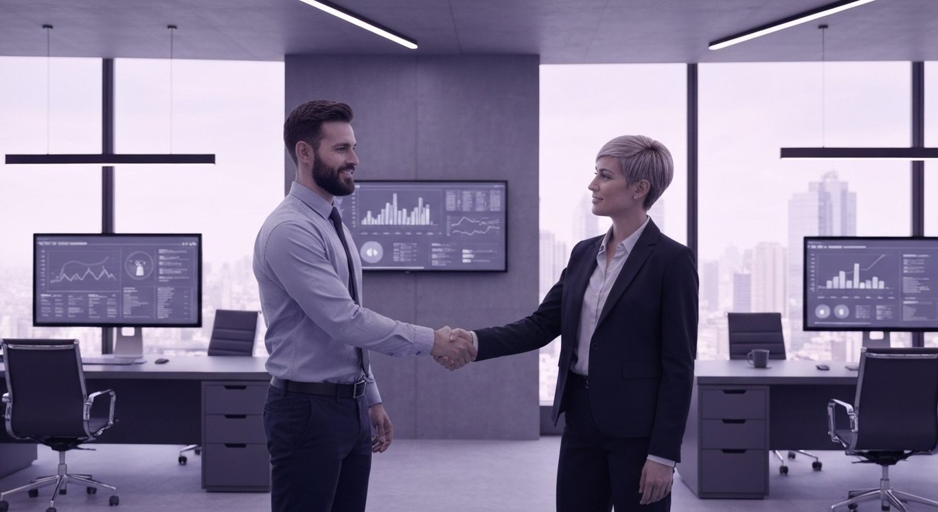 Two business executives shake hands in a modern office with a city skyline and sleek purple-themed decor