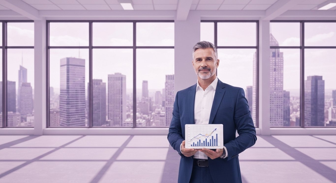 Businessperson with a tablet showing a rising graph in a modern office with cityscape and purple tones