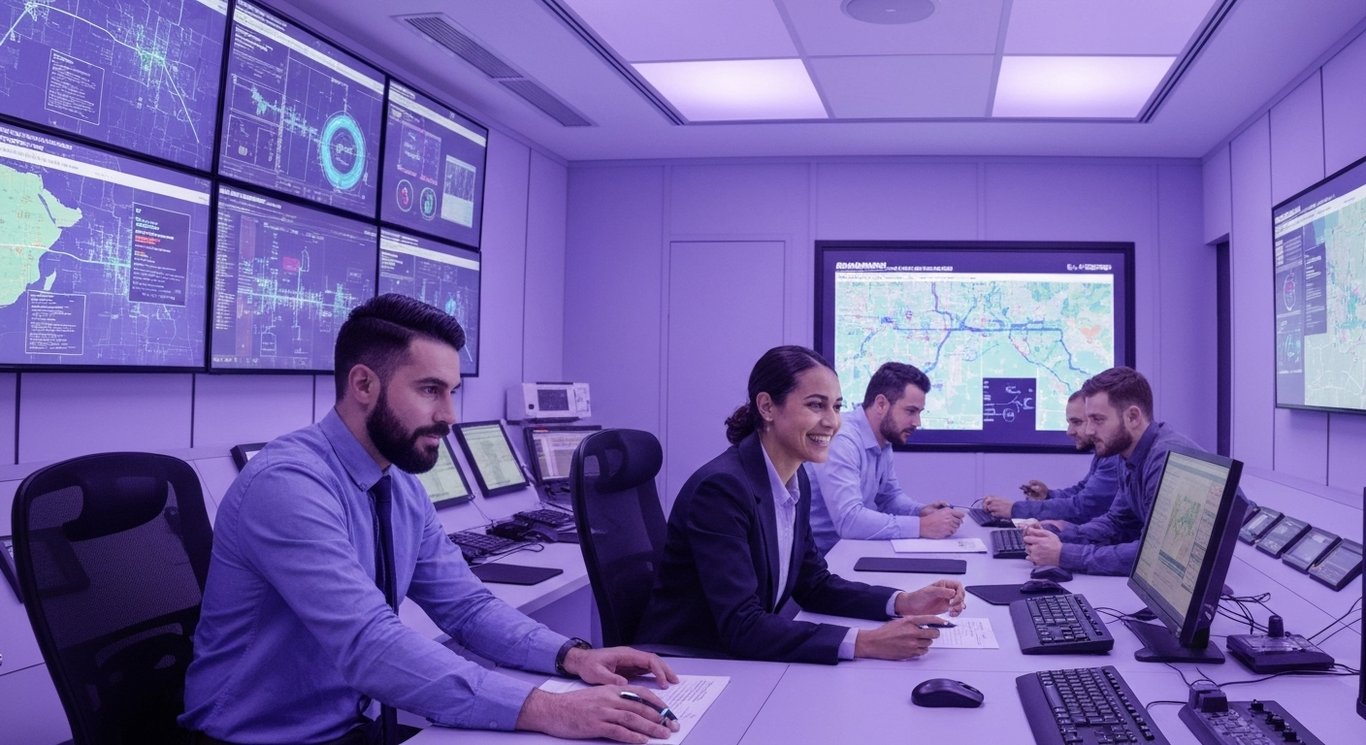 Team of engineers in a modern control room with digital displays and soft purple lighting