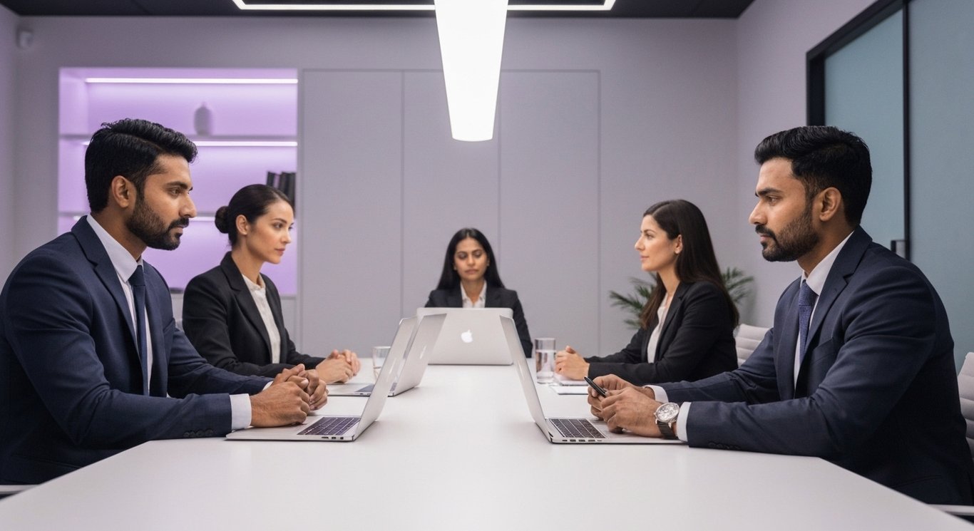 Executives in a sleek meeting room discuss pharmaceutical advancements with a soft purple background