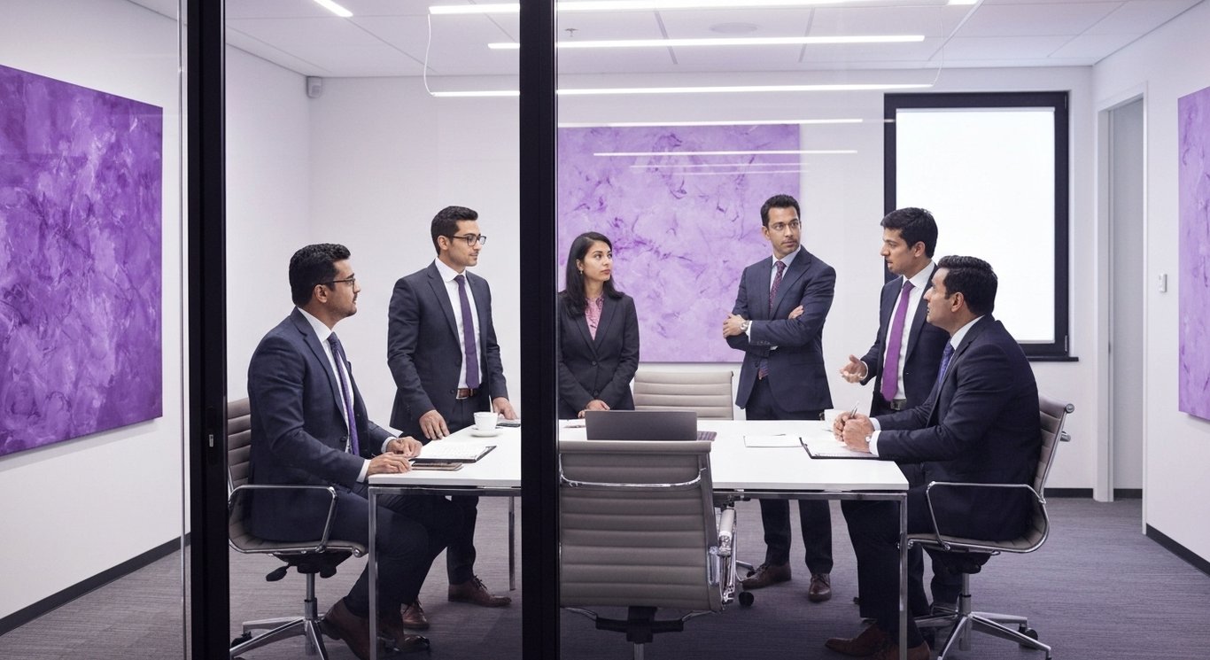 Group of retail executives meeting in a modern office with abstract purple artwork in the background