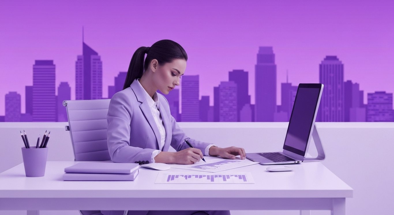 Businesswoman studies market charts at a desk, purple-toned cityscape visible through the window