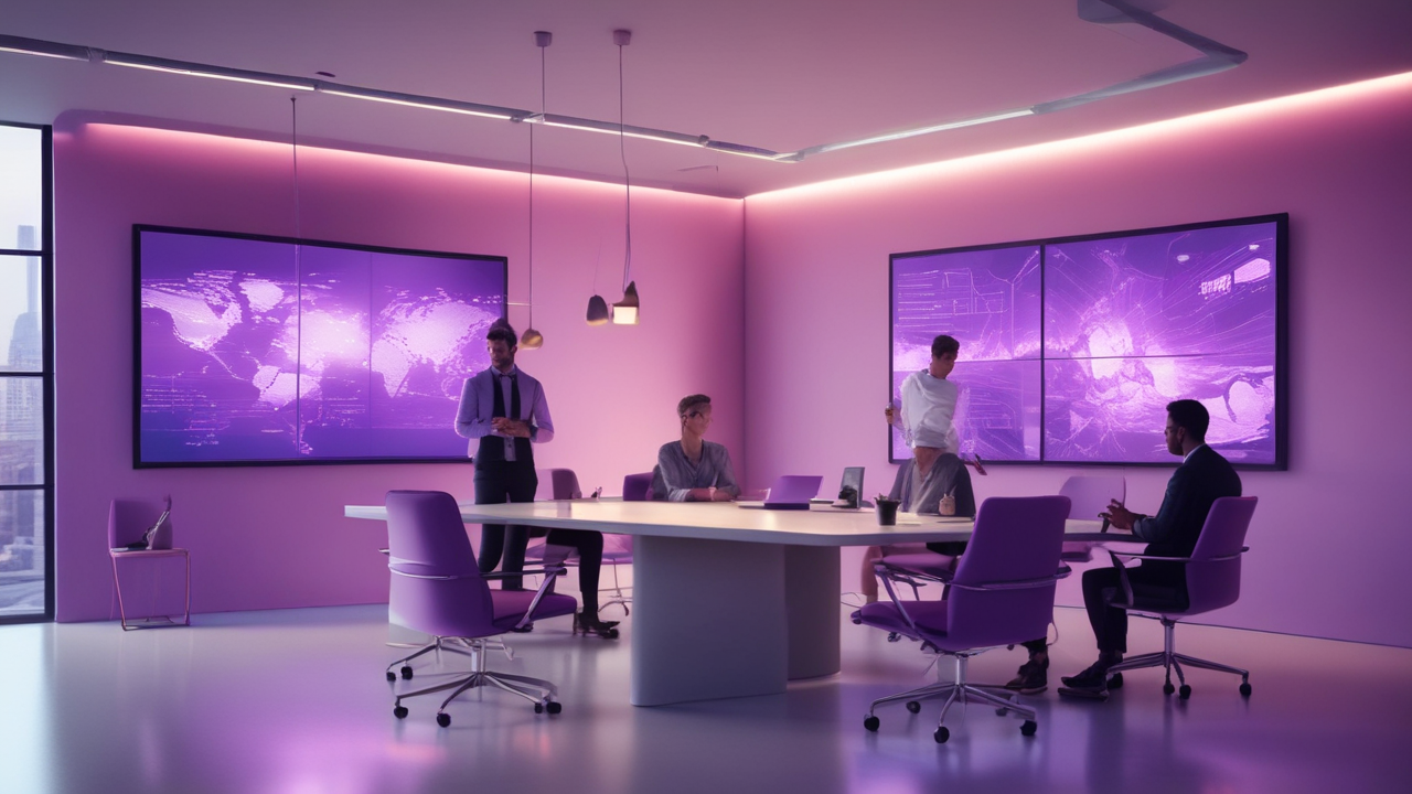 Business team in a modern meeting room with digital screens and soft purple lighting