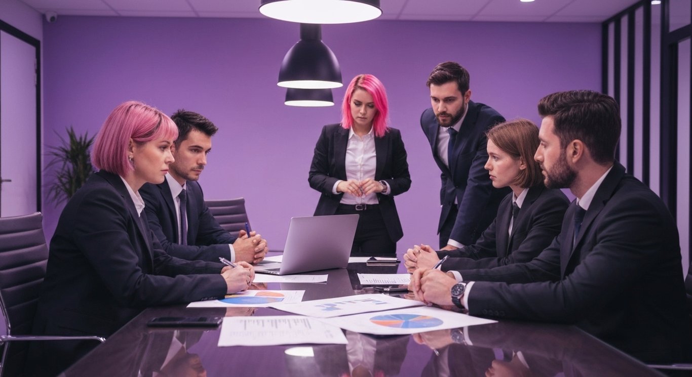 Group of business professionals at a conference table with financial charts in a modern office setting