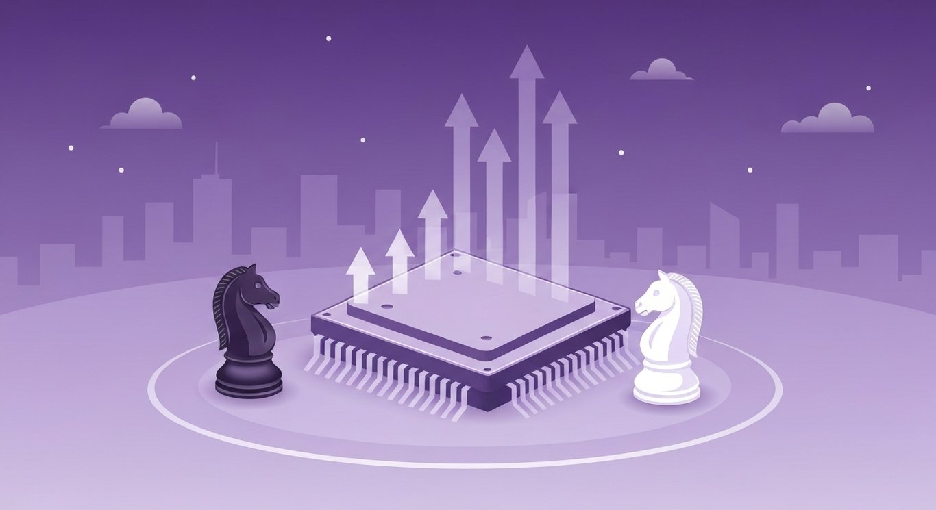 AI chip with rising arrows beside two chess knights on a soft purple gradient background