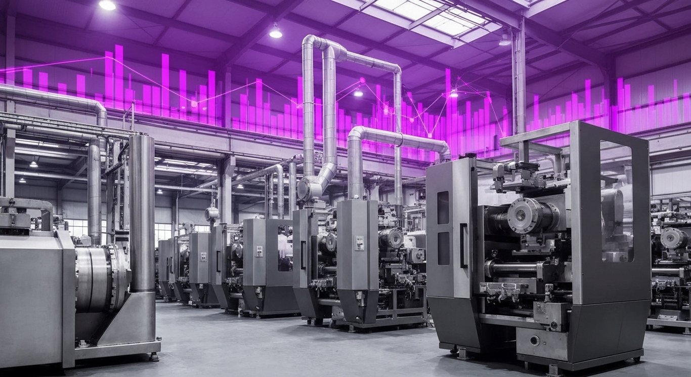 Industrial factory with machinery and abstract graphs in a purple minimalist setting