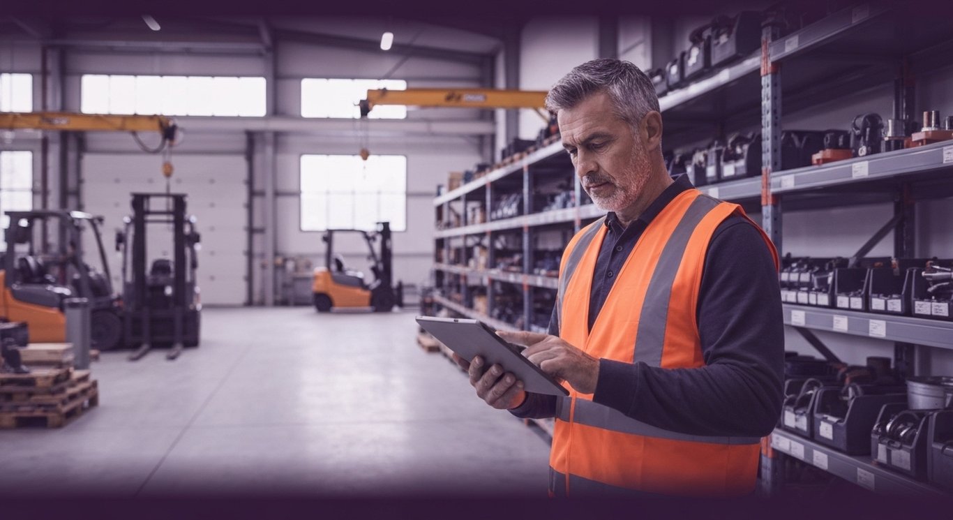 Construction worker using a digital tablet in a modern warehouse with organized shelves