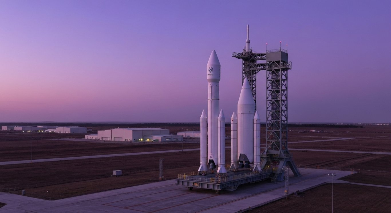 Medium-lift orbital rocket on launch pad with industrial background beneath a purple twilight sky