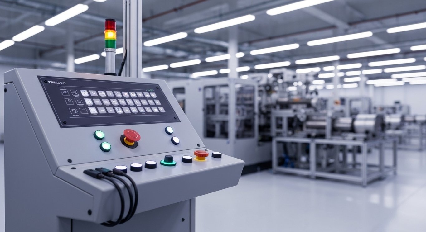 Industrial control panel with colorful lights in a modern automated factory setting