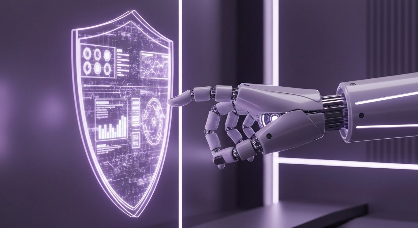 Futuristic AI robot hand touching a glowing digital shield in a sleek, purple-themed cybersecurity setting