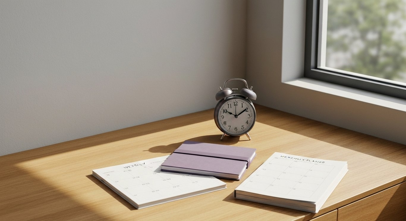 Analog alarm clock and planners on a modern desk with sunlight and soft purple hues