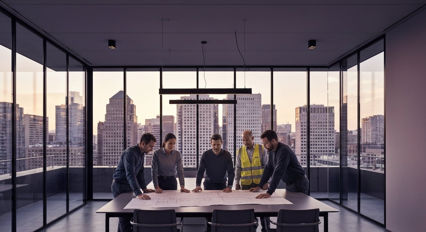 Construction workers examining blueprints in a modern office with a purple cityscape view