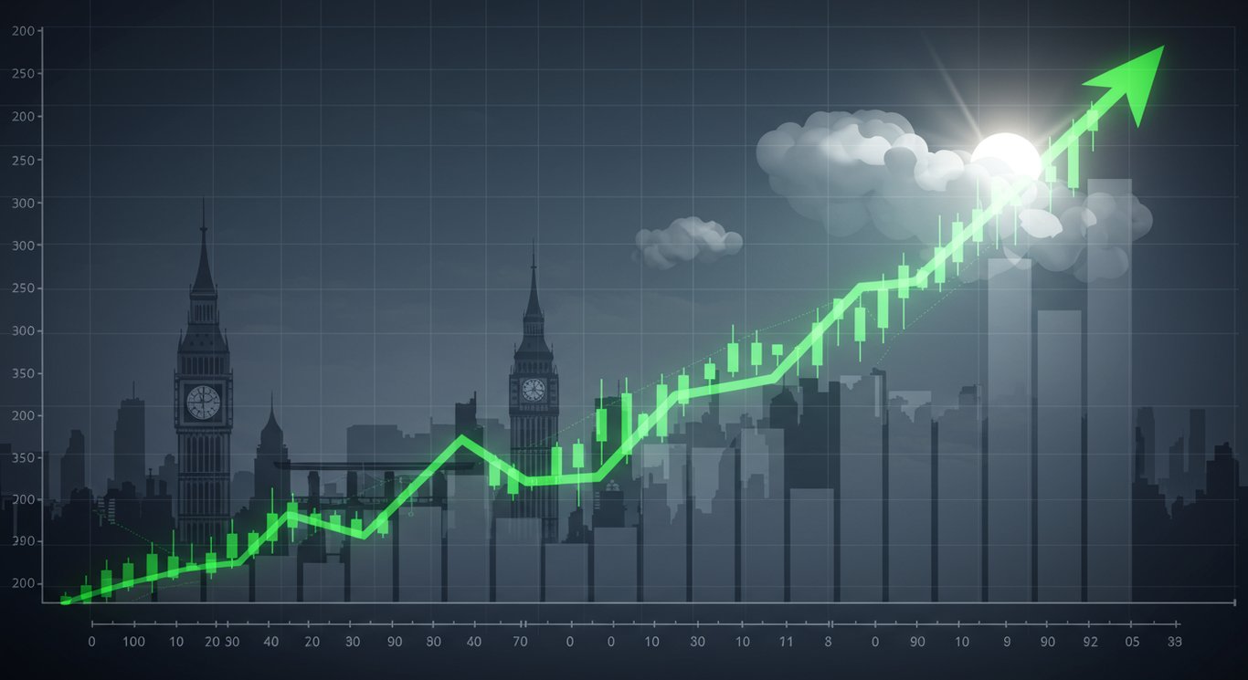 Stylized stock market chart with upward trends against a minimalist cityscape, representing market gains and cautious optimism.