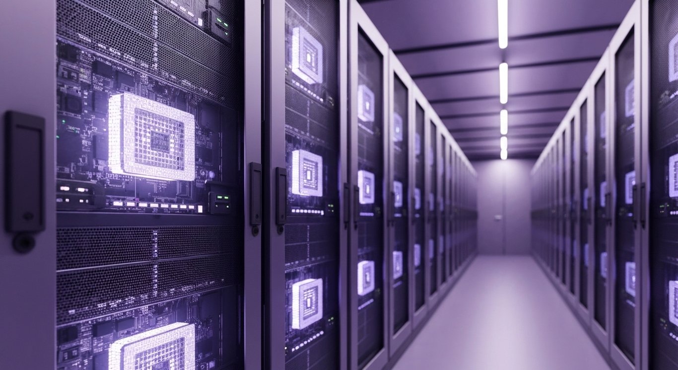 Cloud server racks with glowing processors in a futuristic data center with a subtle purple glow