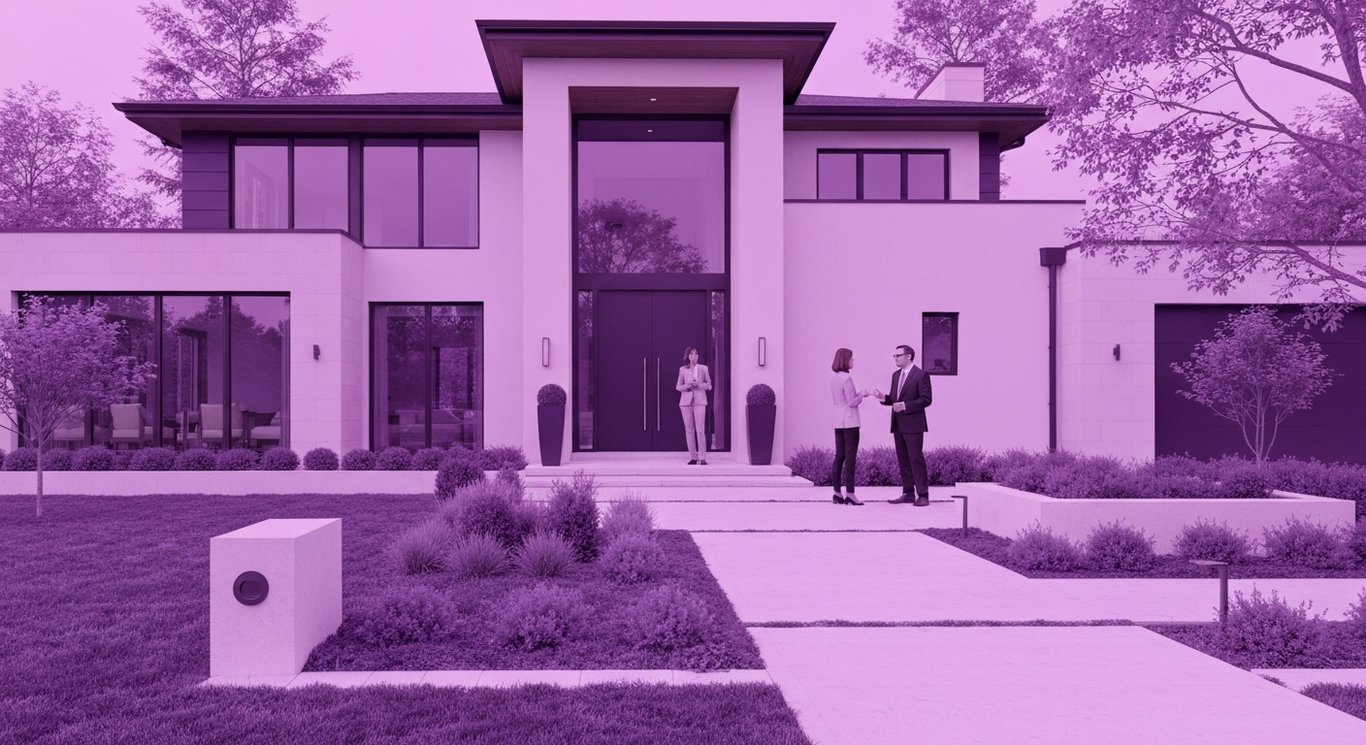 Luxury suburban home with manicured lawns and people talking near the entrance, purple tones throughout