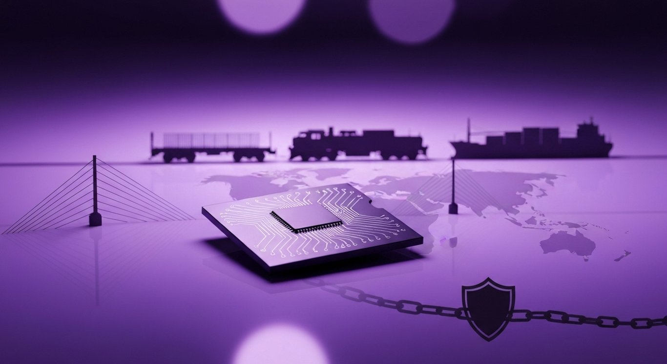 Silver silicon chip on glossy surface with power towers, freight train, cargo ship, shield, and faint world map