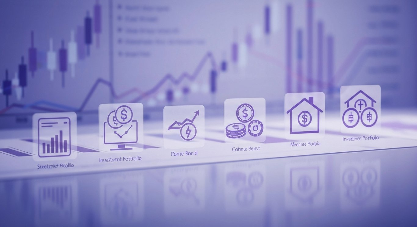Investment portfolio icons on a modern desk with abstract purple financial charts in the background
