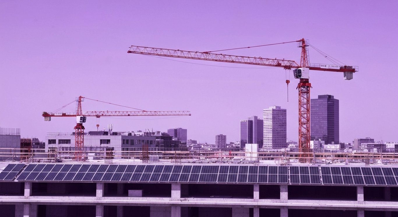Modern construction site with cranes and solar panels under a purple-tinted city skyline
