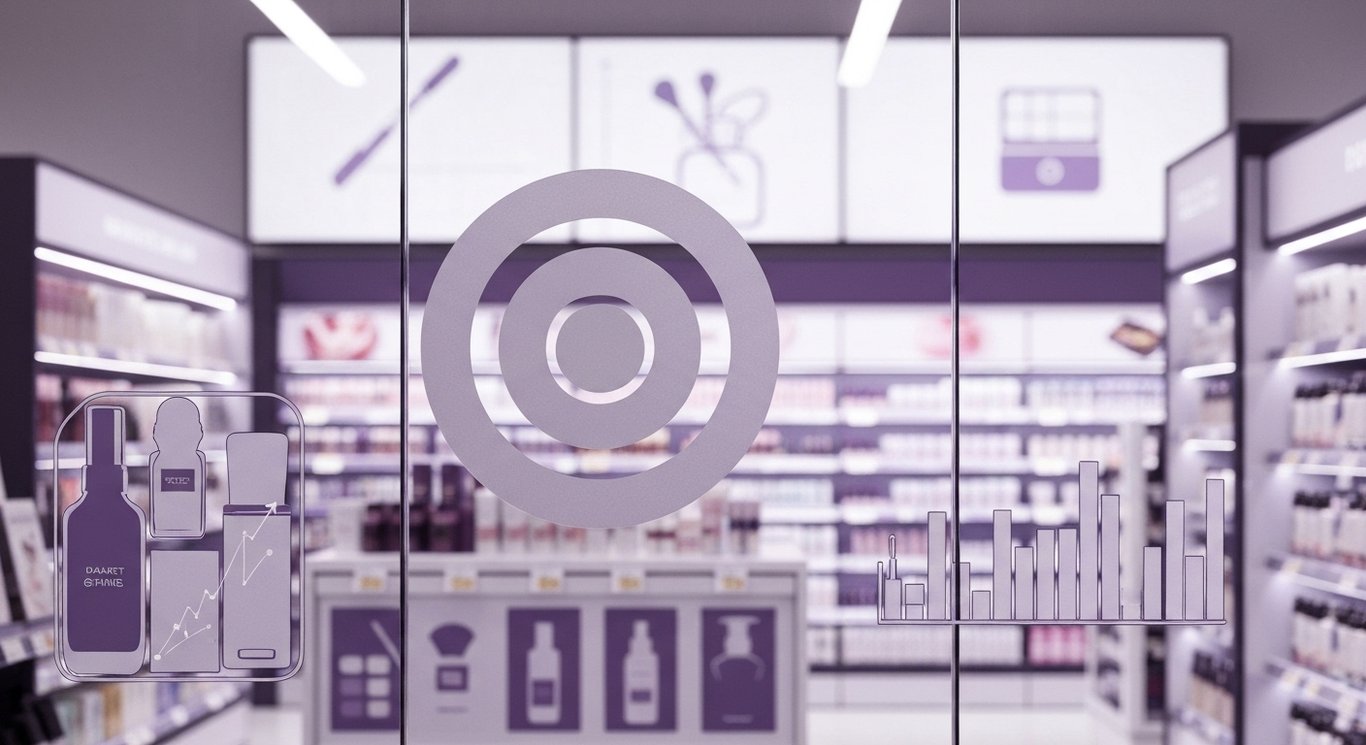 Logo in frosted glass, cosmetics aisle elements, growth charts and market share arcs under purple light