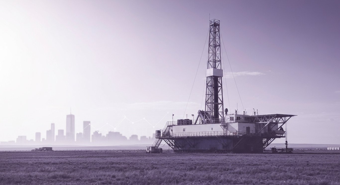 Oil drilling rig set against a stylized city skyline and abstract graph elements in purple tones