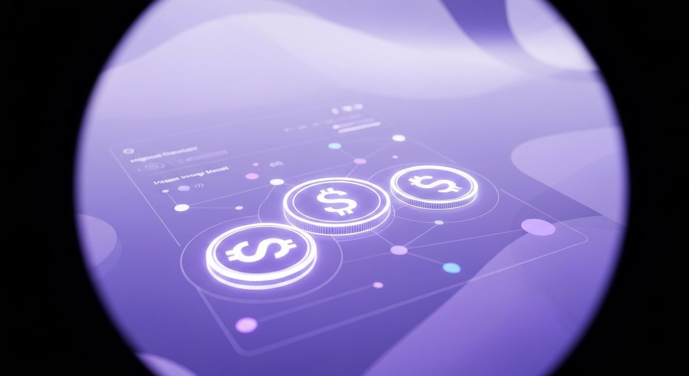 Digital wallet with glowing coins and connected nodes over a soft purple abstract background