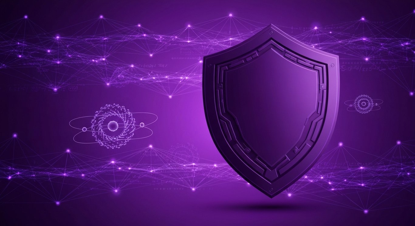 Abstract digital shield with futuristic network and quantum elements on a purple background