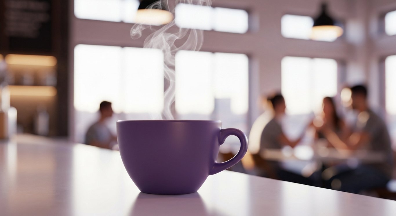 Coffee cup with steam sits on a sleek counter amid a softly blurred cafe scene