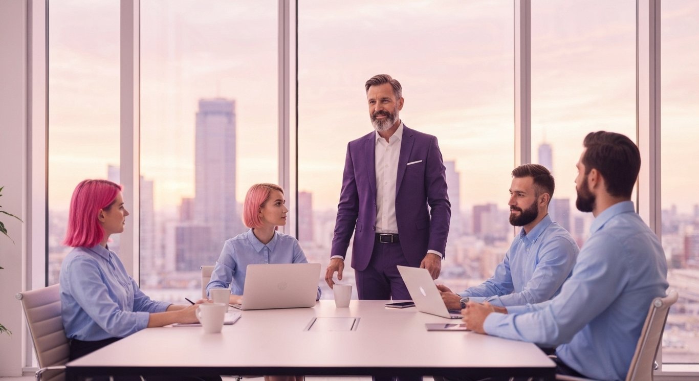 Businessperson leading meeting in a modern office with cityscape visible through large windows