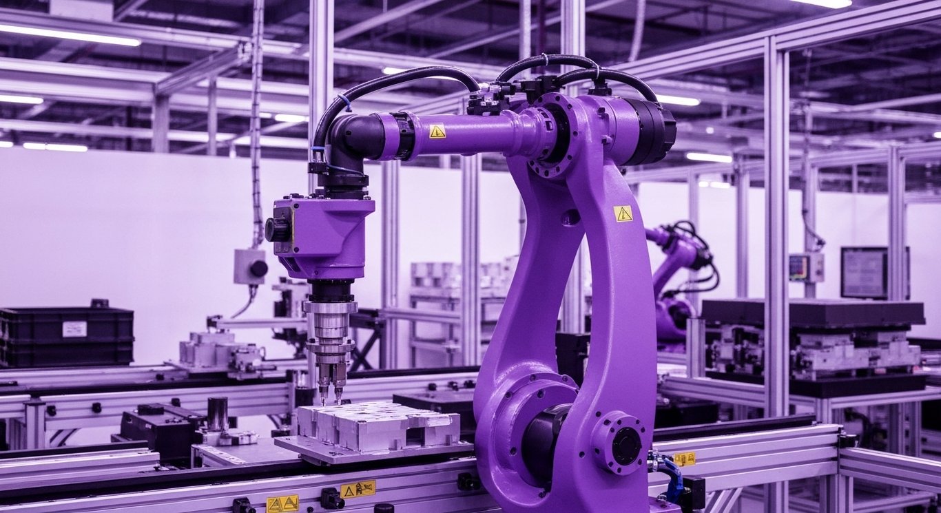 Industrial robotic arm working on an assembly line with a subtle purple-themed background