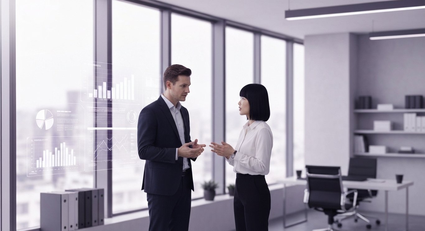 Two business professionals converse in a modern office with digital graphics in the background